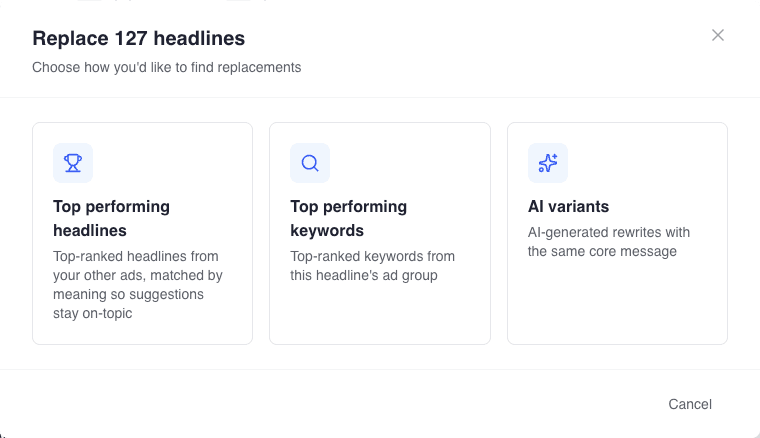 Replace strategy modal showing three options: top performing headlines, top performing keywords, and AI variants